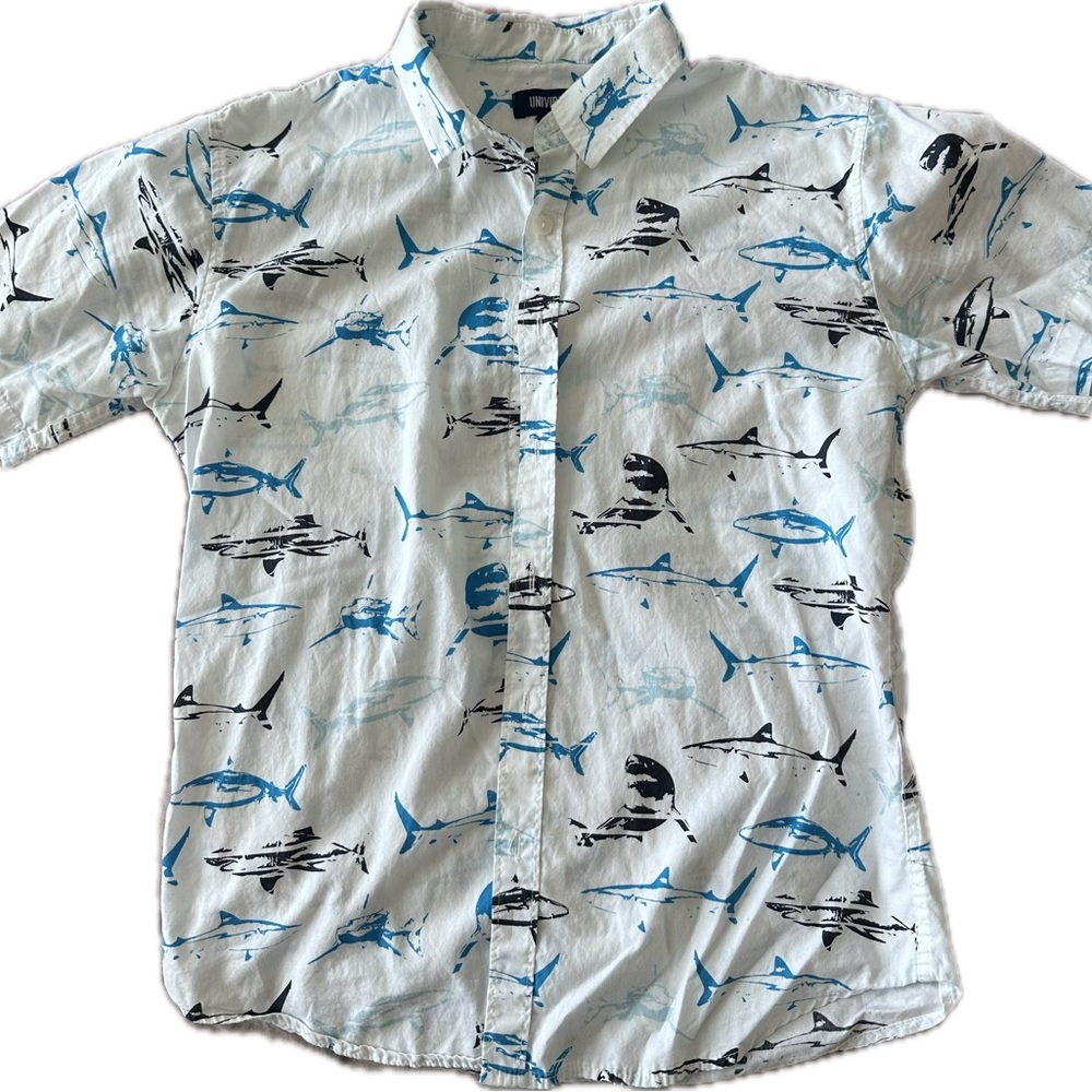 Kids Shark Print Button Down Shirt - Blue and Black